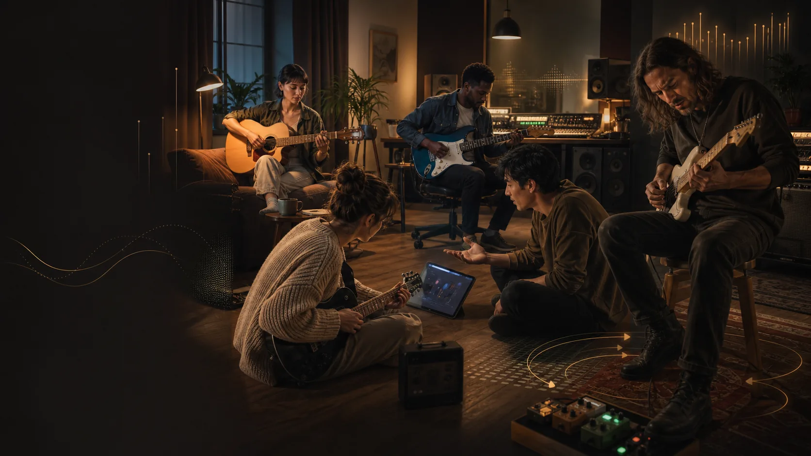Guitarists practicing in home and studio settings