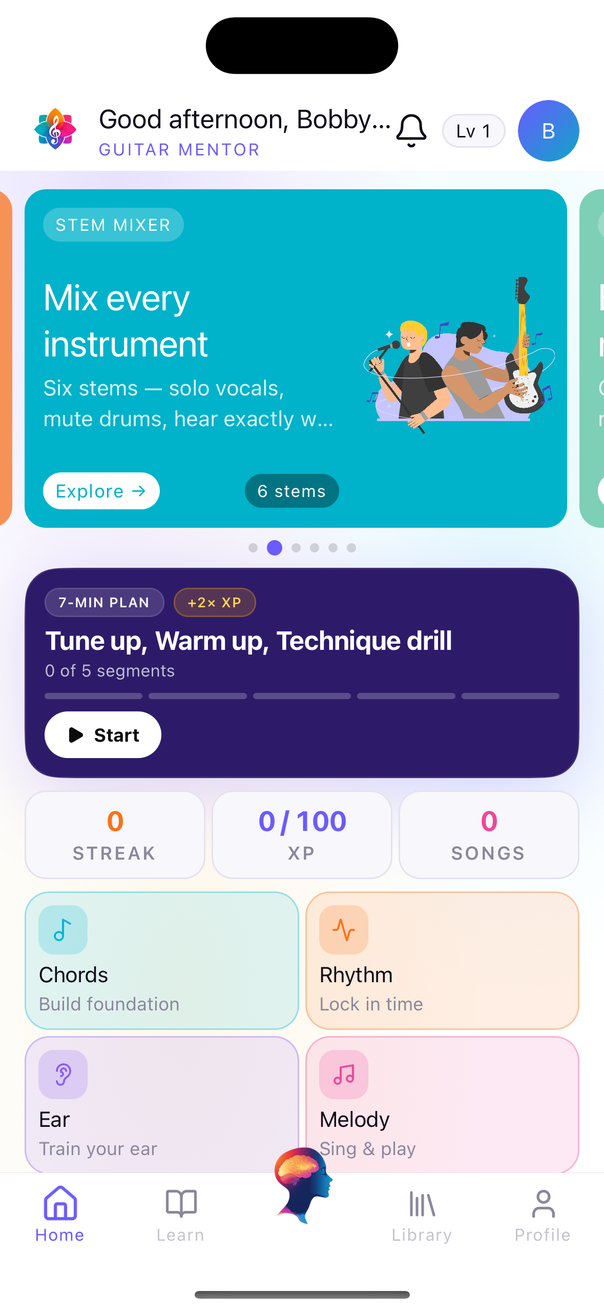 Guitar Mentor dashboard — daily plan, streak, and Chords, Rhythm, Ear and Melody pillars
