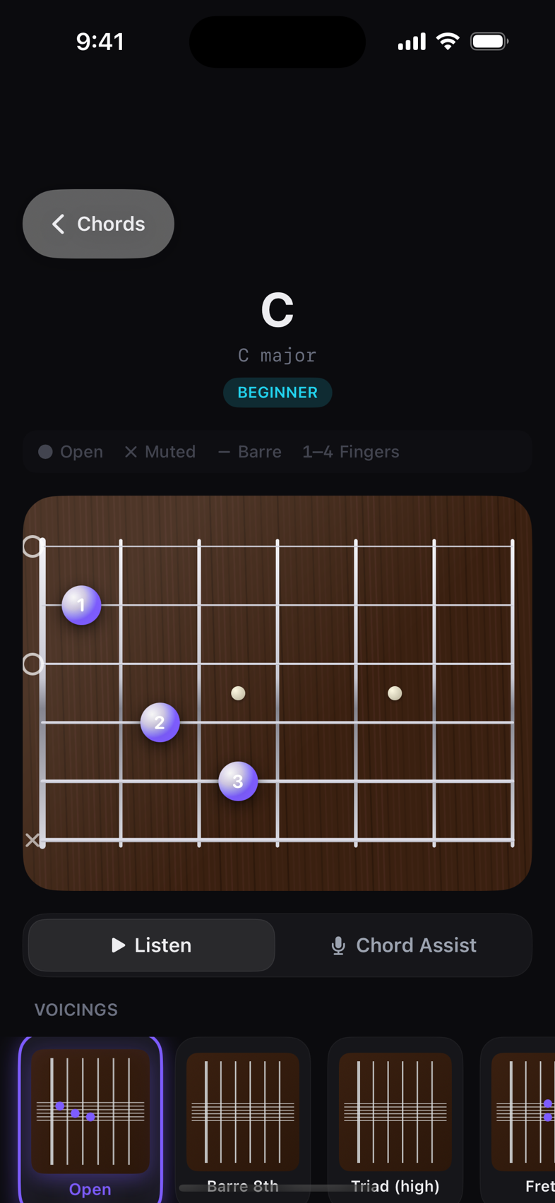 Chord Lab — a C major chord on a realistic fretboard with voicings and Chord Assist