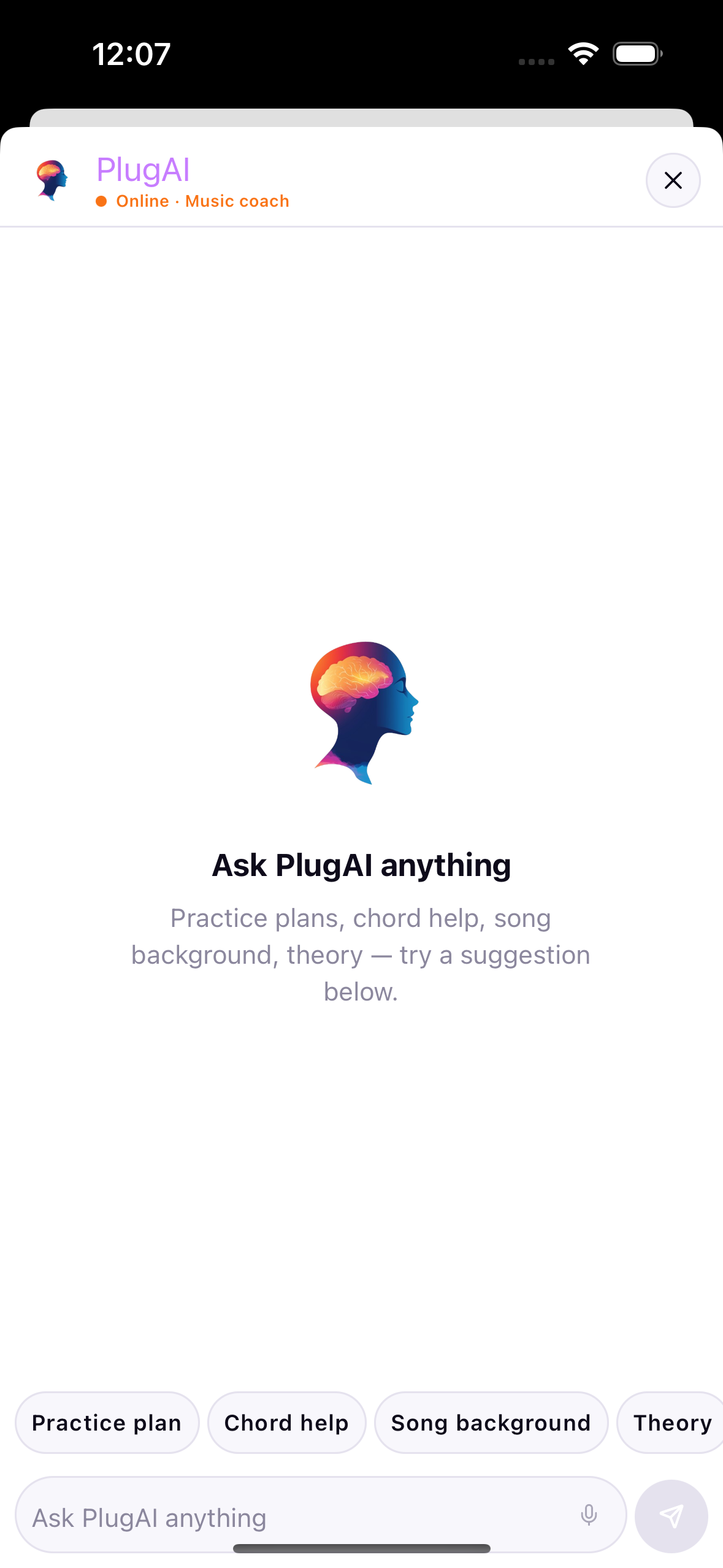 Ask PlugAI anything — practice plans, chord help, song background, theory