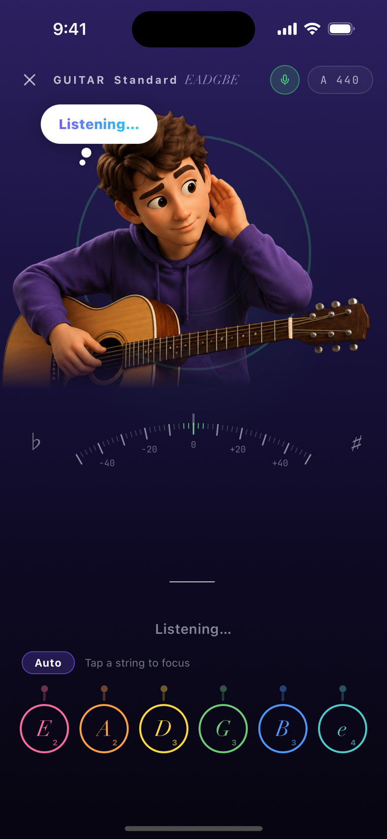 Guitar Mentor tuner — live pitch needle with an animated guitar coach reacting as you tune